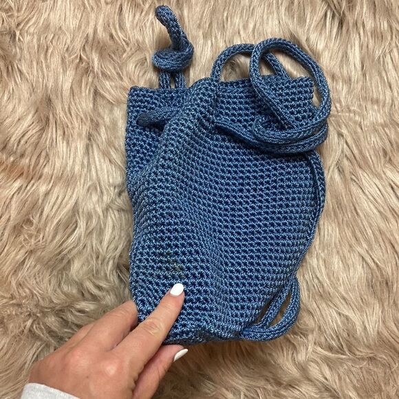 The SAK Mini Crochet Drawstring Backpack Purse - Bucket bag/ boho Blue